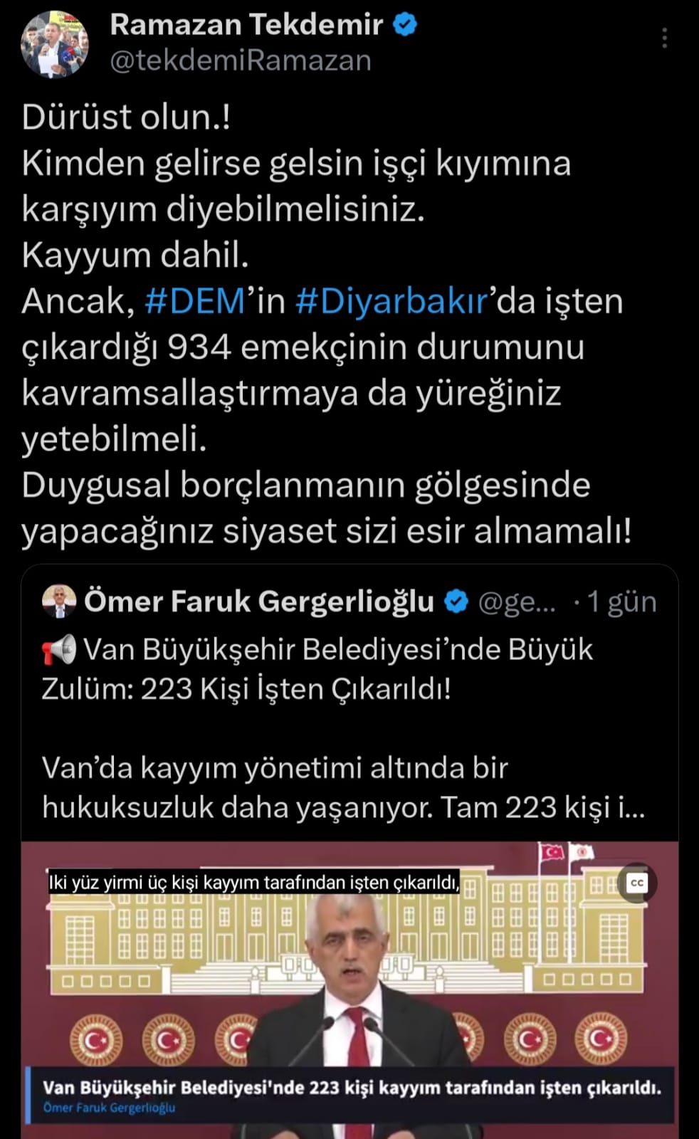 MEMUR-SEN BAŞKANINDAN DEM'Lİ VEKİLE İŞÇİ KIYIMI TEPKİSİ "SİZİN ÇIKARDIKLARINIZ İNSAN DEĞİL Mİ?"