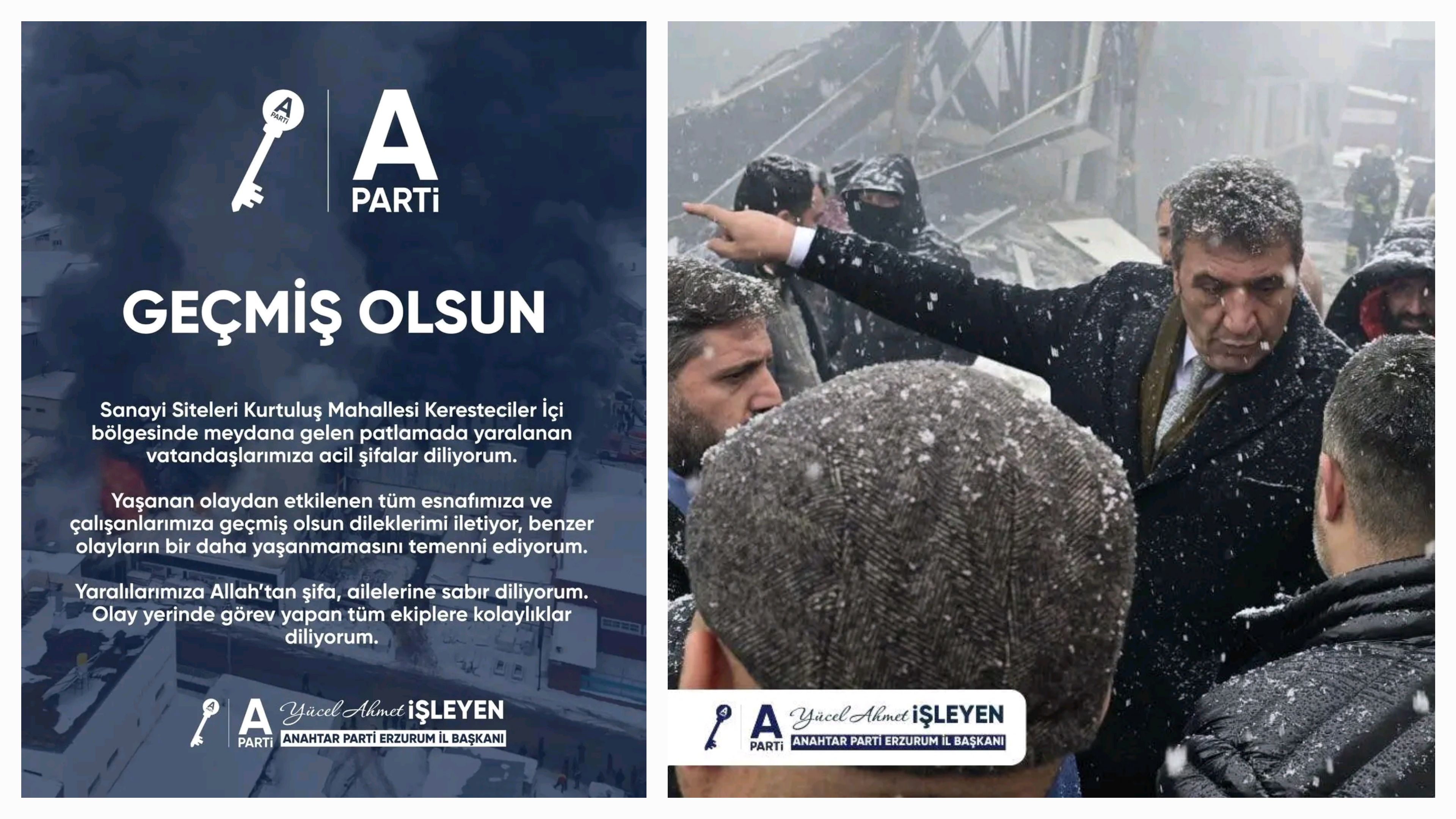 Anahtar Parti Erzurum İl Başkanı Yücel Ahmet İşleyen Patlama Bölgesinde: “Zarar Gören Esnafın Yanındayız”
