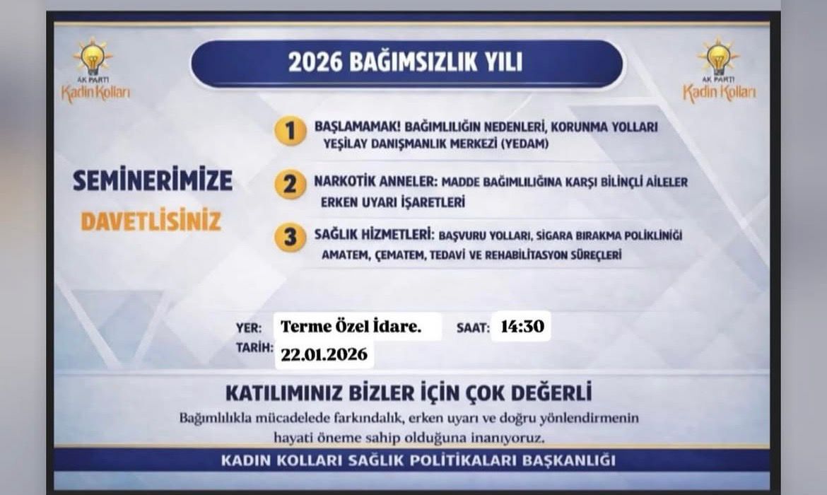 AK Parti Kadın Kolları’ndan Terme’de bağımlılıkla mücadele semineri: “Bağımsızlık Yılı’nda bilinçli aileler hedefleniyor