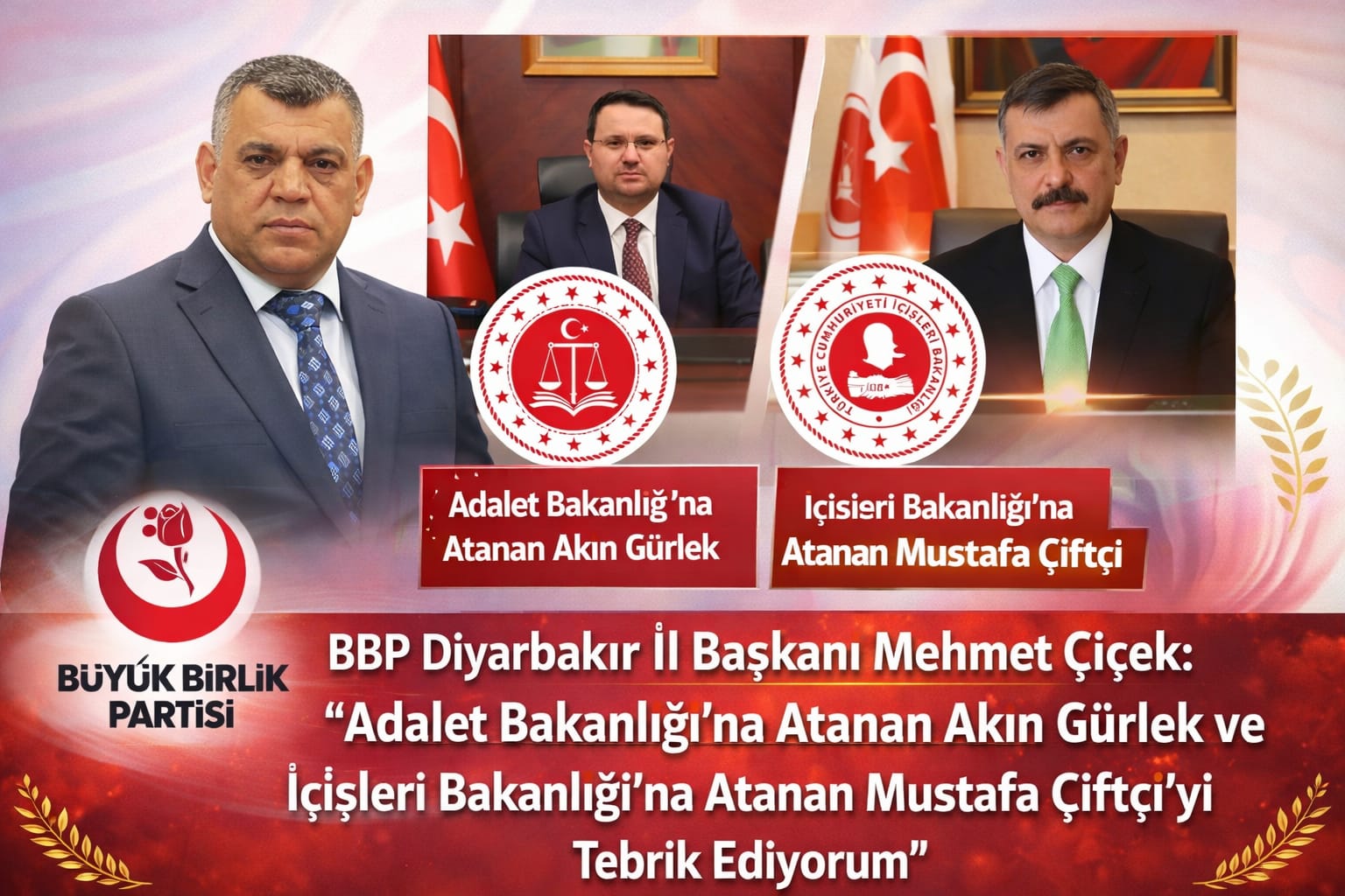 BBP Diyarbakır İl Başkanı Mehmet Çiçek: “Adalet Bakanlığı’na Atanan Akın Gürlek ve İçişleri Bakanlığı’na Atanan Mustafa Çiftçi’yi Tebrik Ediyorum