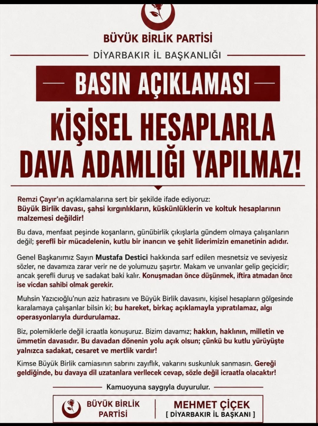 Başkanı Mehmet Çiçek'ten Remzi Çayır'ın açıklamalarına tepki: "Büyük Birlik davası kişisel hesapların malzemesi değildir"
