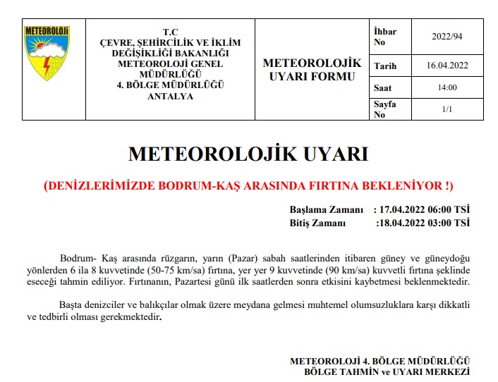 BODRUM-KAŞ METEOROLOJİK UYARI