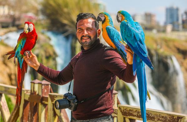 Düden Park'ını ziyaret eden turistler, buradaki 3 papağana büyük ilgi gösteriyor