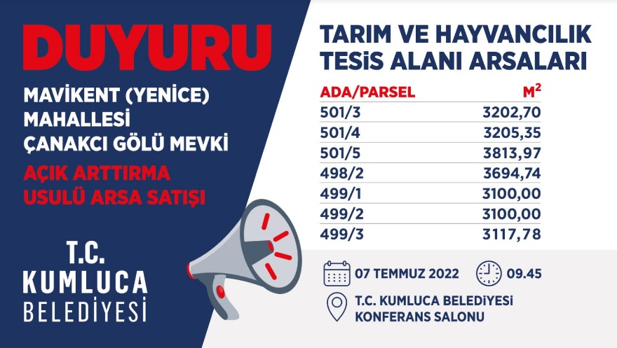 DUYURU! AÇIK ARTTIRMA USULÜ ARSA SATIŞI