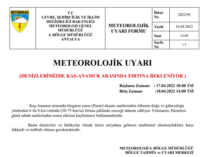 KAŞ-ANAMUR METEOROLOJİK UYARI