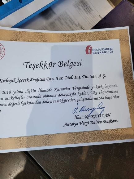 Kırbıyık Holding'e Antalya Vergi Dairesinden Teşekkür Belgesi 