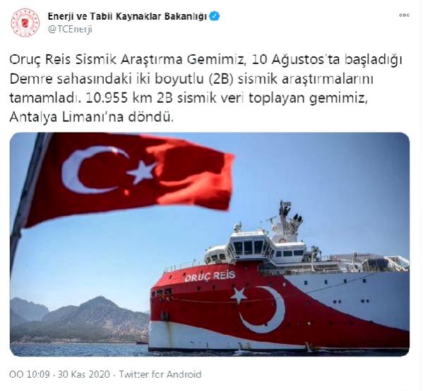 Sismik veri toplayan Oruç Reis, Antalya Limanı'na döndü