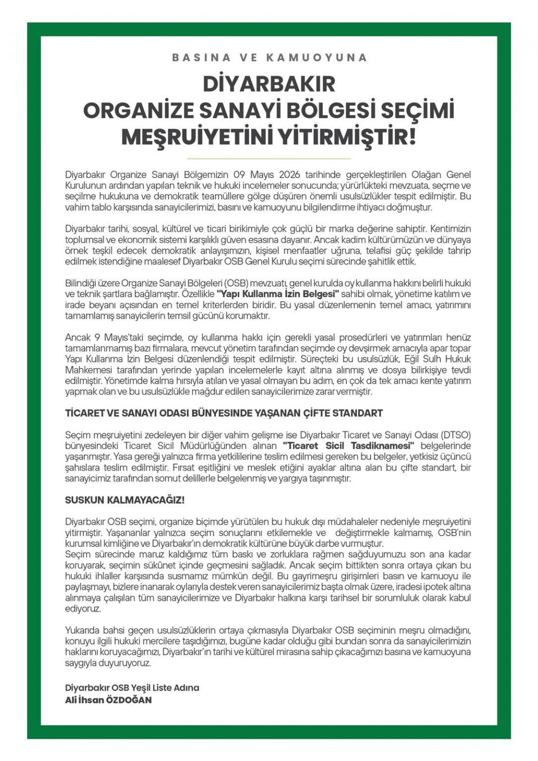 Diyarbakır OSB Başkan Adayı Ali İhsan Özdoğan: “OSB Seçimi Meşruiyetini Yitirmiştir” - Görsel 1